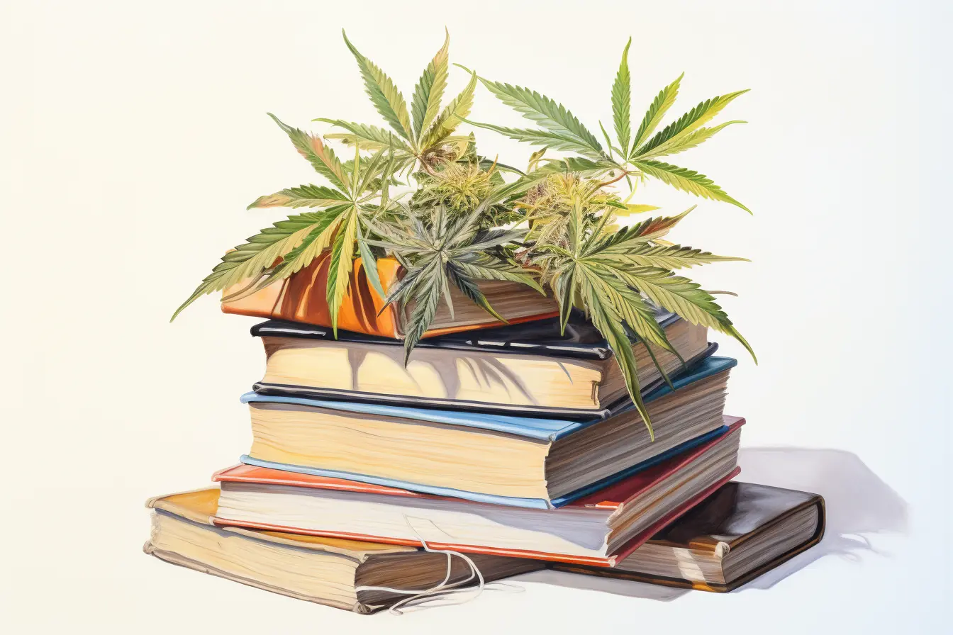 Auf einem Stapel von Büchern, der aus mehreren Büchern besteht, liegen grüne Blätter einer Pflanze mit dem Namen Cannabis.